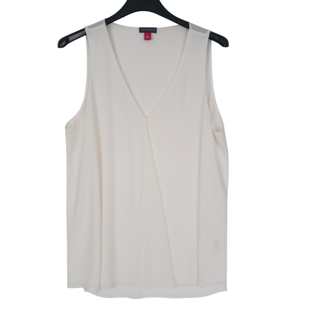 Vince Camuto Blouse Womens Medium Ivory White Layered V-Neck Pleated Sleeveless